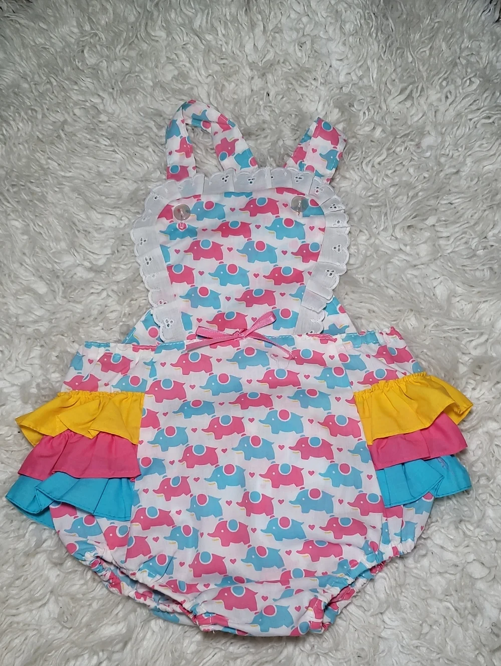 Baby Girls Pink & Blue Elephant Ruffle One-Piece